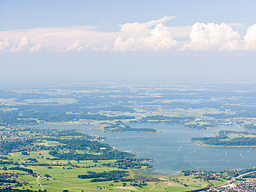 View towards lake Chiemsee and the foothills of the Alps near Rosenheim and Prien. Europe, Germany, Bavaria