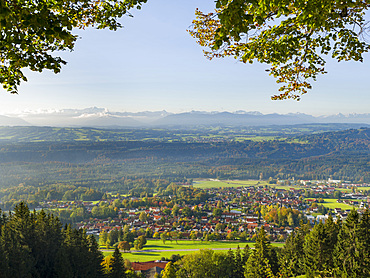 Landscape at Mt. Hoher Peissenberg during sunrise, the view towards the Alps, Wetterstein Mountain Range. Mt. Hoher Peissenberg is located in the foothills of the Bavarian Alps. Europe, Germany, Bavaria