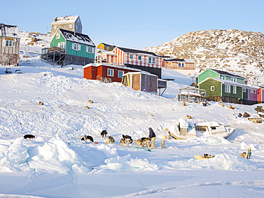 The traditional and remote greenlandic inuit village Kullorsuaq located at the Melville Bay, part of the Baffin Bay, in the far north of West Greenland. America, North America, Greenland, Denmark