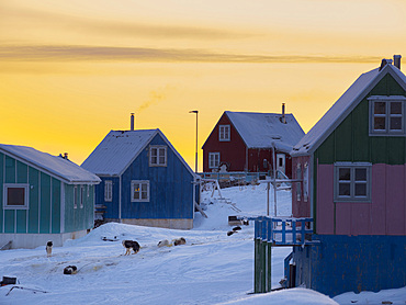 The traditional and remote greenlandic inuit village Kullorsuaq located at the Melville Bay, part of the Baffin Bay, in the far north of West Greenland. America, North America, Greenland, Denmark