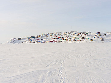 The traditional and remote greenlandic inuit village Kullorsuaq located at the Melville Bay, part of the Baffin Bay, in the far north of West Greenland. America, North America, Greenland, Denmark