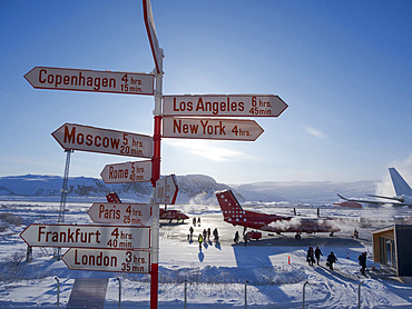 Kangerlussuaq airport during winter, the hub for all flights in Greenland. America, North America, Greenland