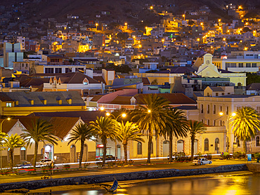 Cityview and view over the harbor. City Mindelo, a seaport on the island Sao Vicente, Cape Verde in the equatorial atlantic. Africa, April