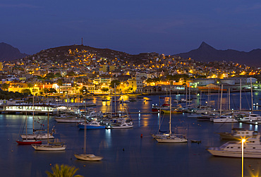 Cityview and view over marina and harbor. City Mindelo, a seaport on the island Sao Vicente, Cape Verde in the equatorial atlantic. Africa, April