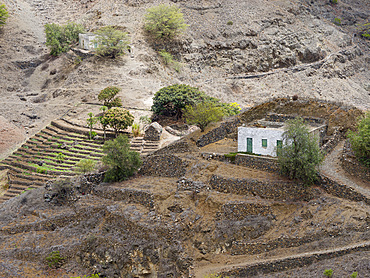 Traditional farm in valley towards Ribeira da Cruz. Island Santo Antao, Cape Verde in the equatorial atlantic. April