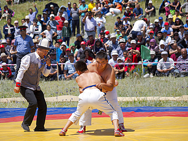 Kuresh, traditional Kyrgyz wrestling. Folk and Sport festival on the Suusamyr plain commemorating Mr Koshomkul, a sportsman and folk hero of the last century. Asia, central Asia, Kyrgyzstan