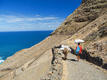 Path between the small iconic mountain village Fontainhas and Corvo in the mountains of Island Santo Antao, Cape Verde in the equatorial atlantic. April