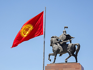 Monument of the national hero Manas "Aykol Manas" by Bazarbai Sydykov. Ala Too square in the city center. The capital Bishkek located in the foothills of Tien Shan. Asia, Central asia, Kyrgyzstan