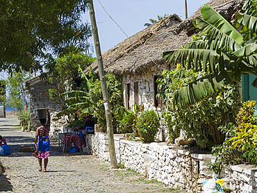 Rua Banana with traditional houses dating back to the founding of the town in the 15th century. Cidade Velha, historic center of Ribeira Grande, listed as UNESCO world heritage. Island of Santiago (Ilha de Santiago), Islands of Cape Verde in the equatorial Atlantic.