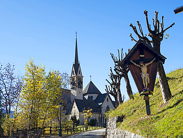 Church San Vigilio. Moena in valley Val di Fassa in the Dolomites. Europe, Central Europe, Italy