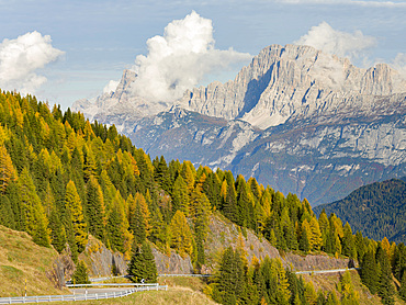 View over Val Biois from Passo di Valles towards Civetta, Monte Pelmo in the background. Civetta and Pelmo are part of UNESCO world heritage Dolomites. Europe, Central Europe, Italy