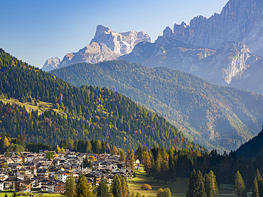 Falcade in Val Biois, Monte Pelmo in the background. Europe, Central Europe, Italy