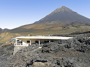 Villages Portela und Bangaeira in the Cha das Caldeiras, destroyed by a lavaflow in 2014/2015. Stratovolcano mount Pico do Fogo. Fogo Island (Ilha do Fogo), part of Cape Verde in the central atlantic.