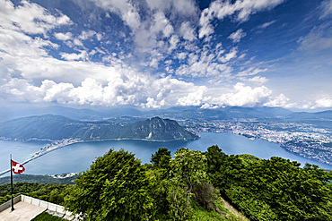 Panoramic view from Vetta Sighignola, the balcony of Italy, over Lake Lugano and Lugano, Ticino, Switzerland