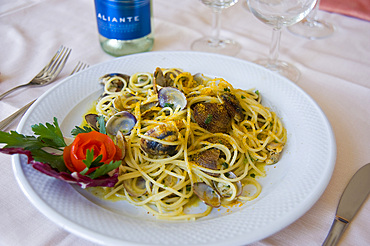 Spaghetti vongole e Bottarga, Restaurant Lungomare, Santa Maria Navarrese, Baunei, Ogliastra, Sardinia, Italy