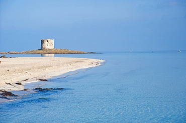 La Pelosa Beach and La Pelosa Tower, Stintino, North Sardinia, Italy, Europe