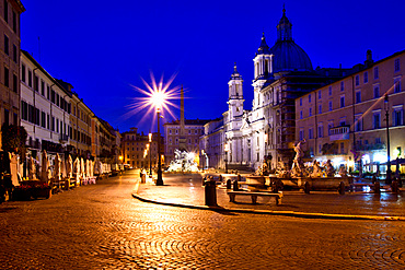 Navona square by night, Fountain of Neptune and Fountain of the Four Rivers, Chiesa Di Santa Agnese in Agone church, Rome, Lazio, Italy, Europe