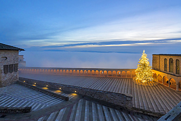 Piazzale Inferiore San Francesco square, Christmas illuminations, Assisi, Umbria, Italy, Europe