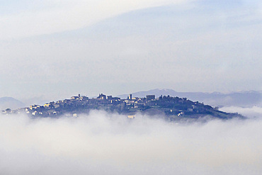 View of Montelupone from Potenza Picena, Fog, Marche, Italy, Europe