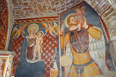 Medieval Village, Orange Flag, Crypt Church Santa Maria della Rocca, Fresco Maestro of Offida Anonymous Italian Painter, Offida village, Marche, Italy, Europe