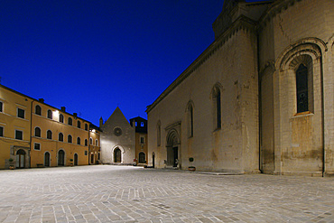 Old Town, Martyrs Vissani Square at night, Visso, Marche, Italy, Europe