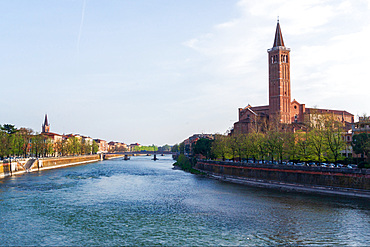 View of the bell tower of the Basilica of Santa Anastasia, Adige river, Verona, Veneto, Italy, Europe