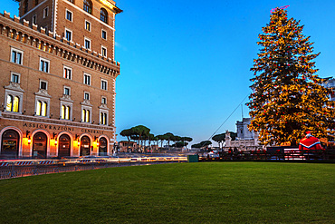 Piazza Venezia square at dusk decorated with Christmas lights, Rome, Lazio, Italy, Europe,