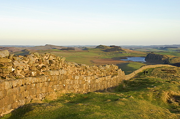 View east to Crag Lough from Windshields Crag to Hotbank Farm and Crags, Hadrians Wall, UNESCO World Heritage Site, Northumbria National Park, Northumbria, England, United Kingdom, Europe