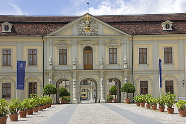 The gateway to the inner courtyard, the 18th century Baroque Residenzschloss, inspired by Versailles Palace, Ludwigsburg, Baden Wurttemburg, Germany, Europe