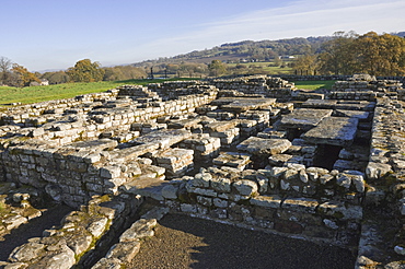 The site of the Commandants House showing supports for suspended floor system with hot air to heat rooms above, dating from AD138, Cilurnum (Chesters Roman Fort), Hadrian's Wall, UNESCO World Heritage Site, Chollerford, Northumbria National Park, England, United Kingdom, Europe