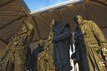 Interior of the Monument to the Royal Air Force Bomber Command showing the sculpted WWII bomber crew group, Piccadilly, London, England, United Kingdom, Europe