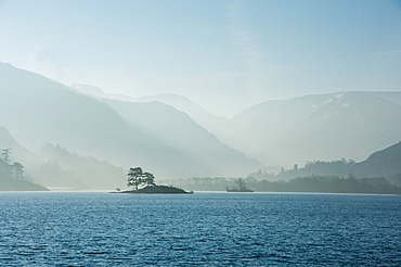 Little Islands in morning light, Lake Ullswater, Lake District National Park, Cumbria, England, United Kingdom, Europe 