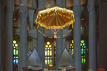 Interior view, towards the Altar and Grand Organ, Sagrada Familia, Barcelona, Catalunya, Spain, Europe 