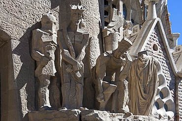 Tableaux in carved stone near the entrance to Sagrada Familia, Barcelona, Catalunya, Spain, Europe 