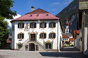 Traditional wall decoration, Town Hall and Church, Nassereith, Ferne Pass, Austria, Europe