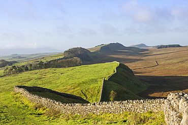 View west from Kings Hill to Housesteads Crags and Cuddy's Crags, Hadrians Wall, UNESCO World Heritage Site, Northumbria, England, United Kingdom, Europe