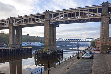 High Level Bridge, designed by Robert Stevenson in 1847, finished in 1849, structure of wrought iron, railway and road bridge across the River Tyne, and the Queen Elizabeth 2nd Metro Bridge, Tyne and Wear, England, United Kingdom, Europe