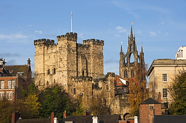 The 12th century Norman Castle Keep, and the Lantern of the Cathedral Church of St. Nicholas, Newcastle upon Tyne, Tyne and Wear, England, United Kingdom, Europe