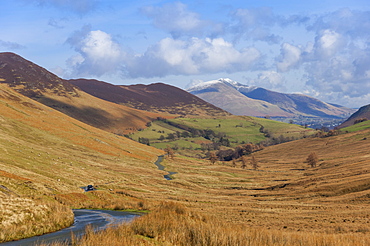 Newlands Valley with Skiddaw over Keswick in the distance, Lake District National Park, Cumbria, England, United Kingdom, Europe