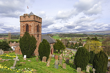 St. Nicholas Church, mid 19th century, Crucifixion Window by Mayer of Munich, Lazonby Village, Pennine Ridge beyond, Eden Valley, Cumbria, England, United Kingdom, Europe