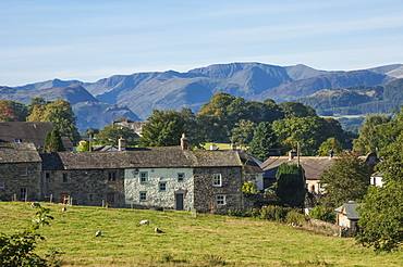 Pooley Bridge Village, Helvellyn Range beyond, Ullswater, Lake District National Park, Cumbria, England, United Kingdom, Europe