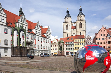 Town Square with Stadtkirke and Town Hall, Lutherstadt Wittenberg, Saxony-Anhalt, Germany, Europe