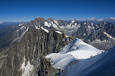 Climbers on a snowfield approaching the Aiguile du Midi, 3842m, Graian Alps, Chamonix, Haute Savoie, French Alps, France, Europe