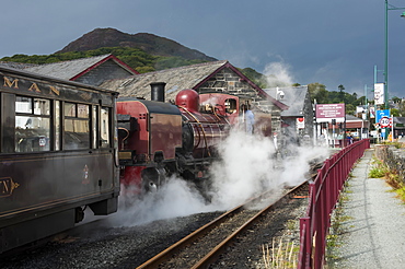 Narrow gauge Blaenau Ffestiniog railway station at Porthmadog, train leaving, Llyn Peninsular, Gwynedd, Wales, United Kingdom, Europe