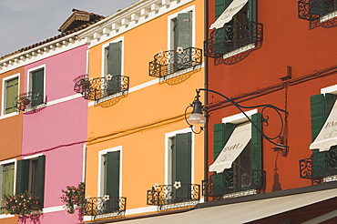 Coloured house fronts with windowboxes, Burano, Venetian lagoon, Veneto, Italy, Europe