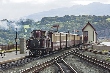 Narrow gauge Blaenau Ffestiniog railway station at Porthmadog, train arriving, Llyn Peninsular, Gwynedd, Wales, United Kingdom, Europe