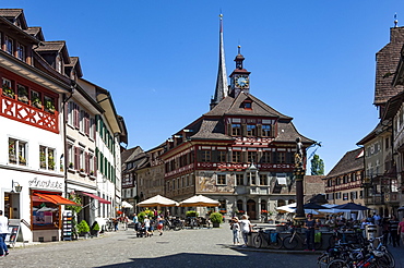 Traditional architecture, mural, street scene, Rathaus (Town Hall), Stein am Rhein, Schaffhausen, Switzerland, Europe