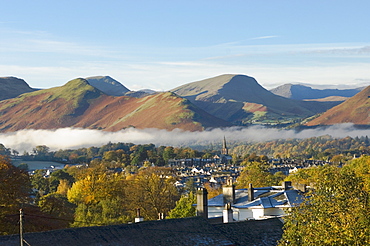 View over Keswick to Catbells, Causey Pike, Robinson, Lake District, Cumbria, England, United Kingdom, Europe