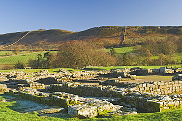 Headquarters building showing courtyard and well, Roman settlement and fort at Vindolanda, Roman Wall south, UNESCO World Heritage Site, Northumbria, England, United Kingdom, Europe