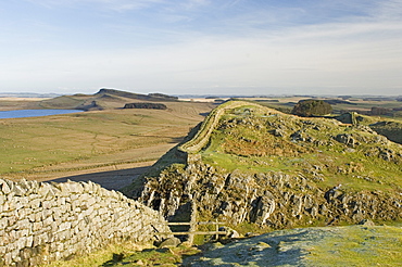 Cuddy's Crag looking east to Sewingshields Crags and Broomlee Lough, Roman Wall, UNESCO World Heritage Site, Northumbria, England, United Kingdom, Europe